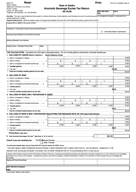 Fillable Form 04-503 - Alcoholic Beverage Excise Tax Return Printable pdf