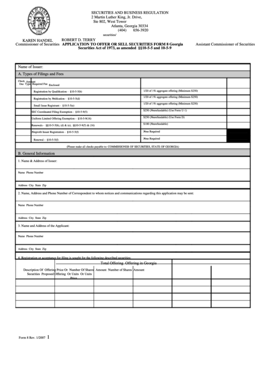 Form 8 - Application To Offer Or Sell Securities - 2007 Printable pdf