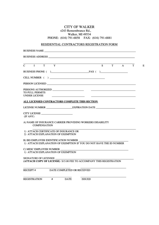 Fillable Residential Contractors Registration Form - City Of Walker Printable pdf