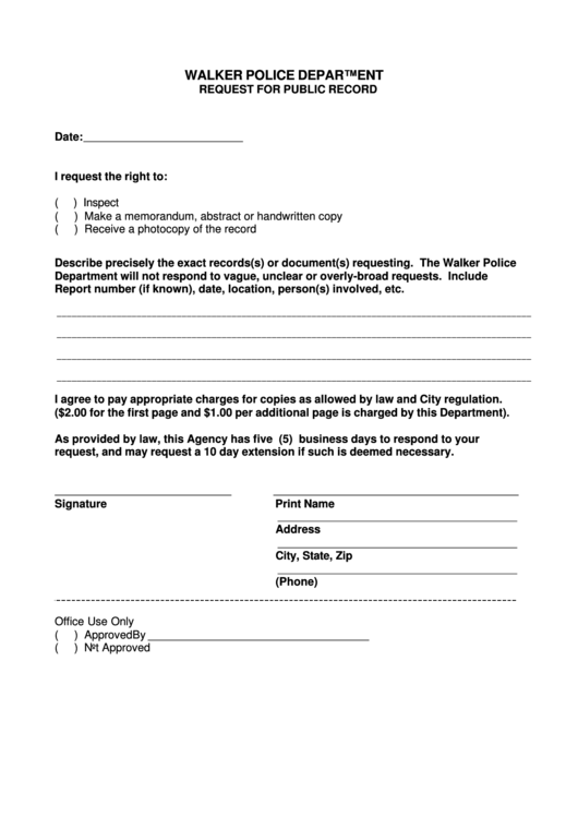 Fillable Request For Public Record Form - Walker Police Department Printable pdf