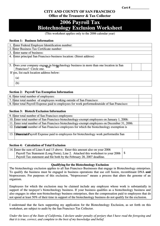 Payroll Tax Biotechnology Exclusion Worksheet - City And County Of San Francisco - 2006 Printable pdf