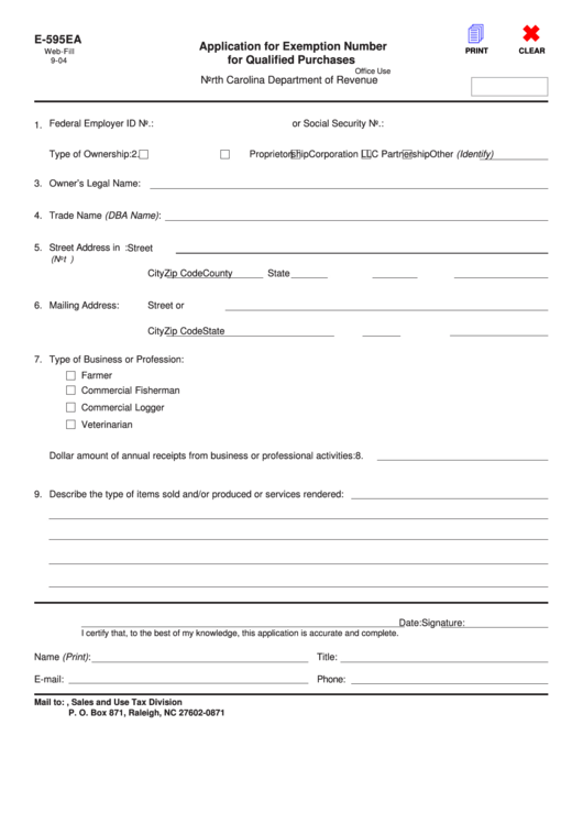 Fillable Form E-595ea Apllication For Exemption Number For Qualified Purchases Printable pdf