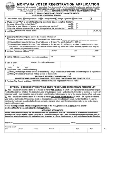 Fillable Montana Voter Registration Application Form Printable pdf