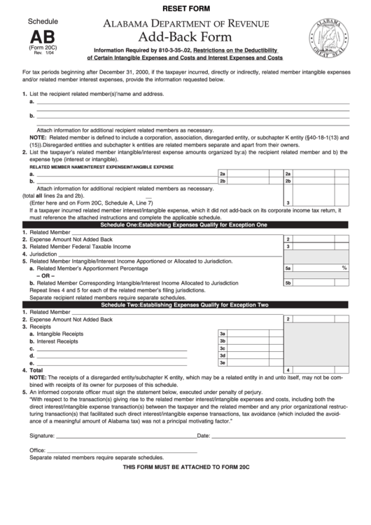 Fillable Form 20c - Schedule Ab - Add-Back Form - Alabama Department Of Revenue Printable pdf
