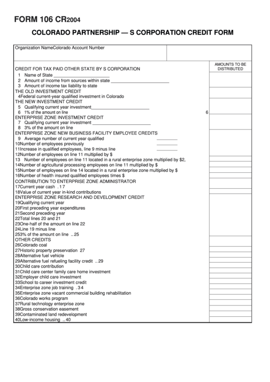 Form 106 Cr - Colorado Partnership - S Corporation Credit - 2004 Printable pdf