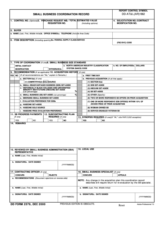 Fillable Dd Form 2579 Small Business Coordination Record Printable pdf