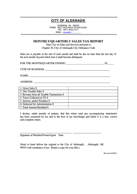 Monthly/quarterly Sales Tax Report Form - City Of Aleknagik Printable pdf