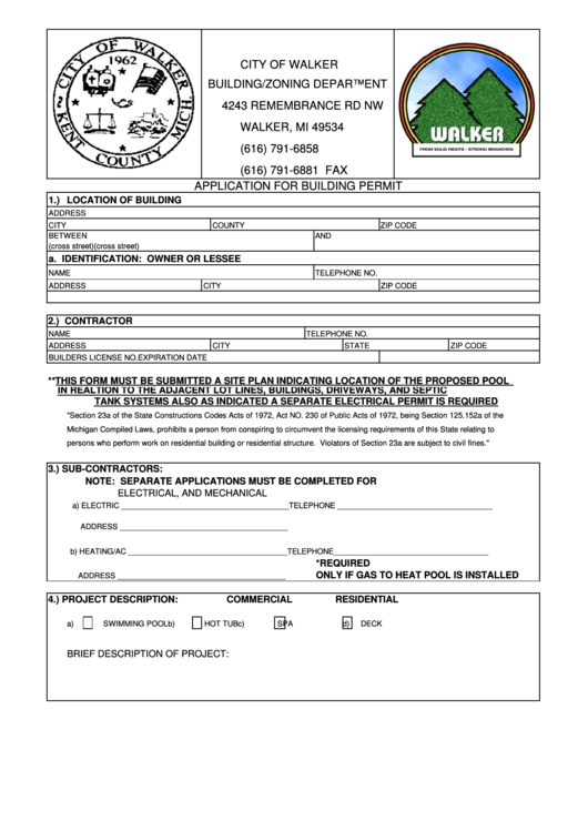 Fillable Application For Building Permit Form - City Of Walker Printable pdf