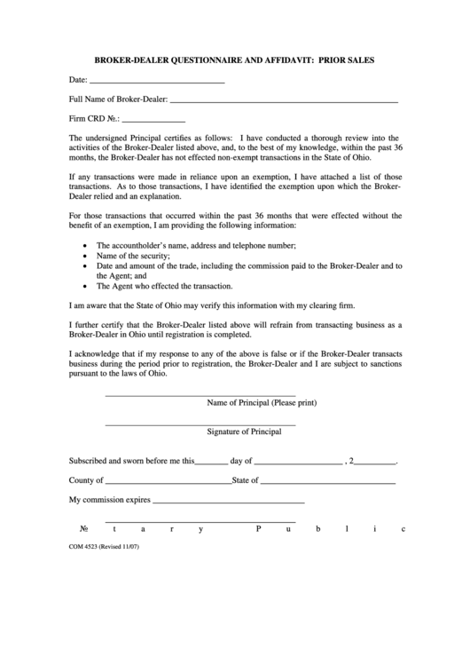 Form Com 4523 - Broker-Dealer Questionnaire And Affidavit: Prior Sales Form Printable pdf