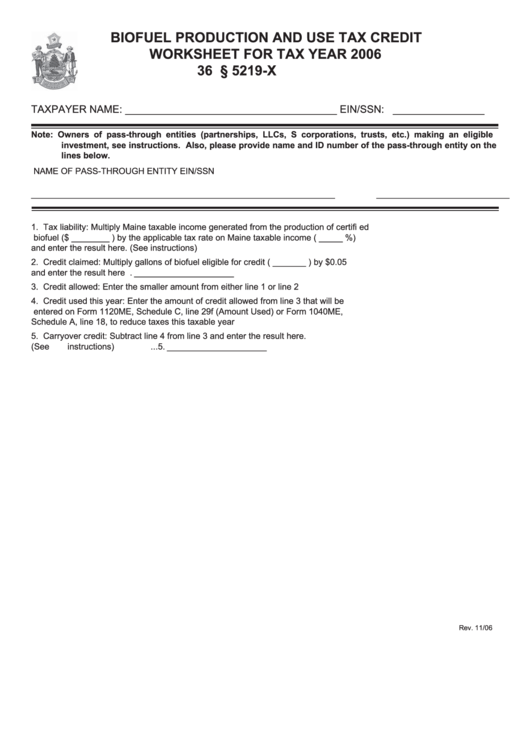 Biofuel Production And Use Tax Credit Worksheet For Tax Year 2006 Printable pdf