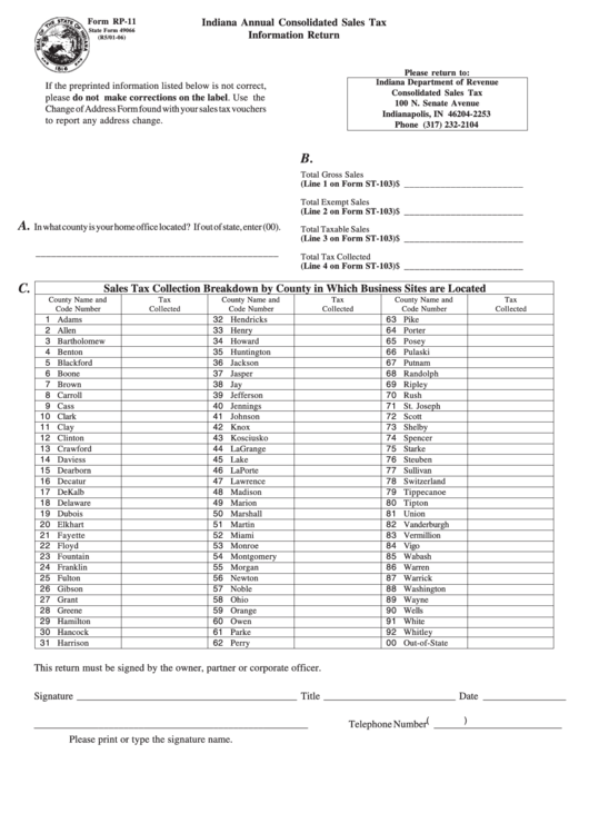 Form Rp-11 - Indiana Annual Consolidated Sales Tax Information Return Printable pdf