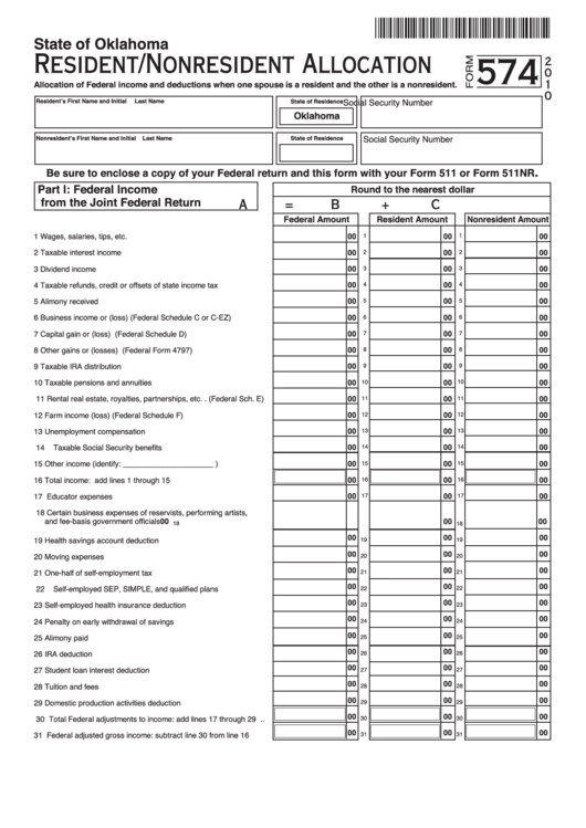 Fillable Form 574 - Resident/nonresident Allocation - 2010 Printable pdf