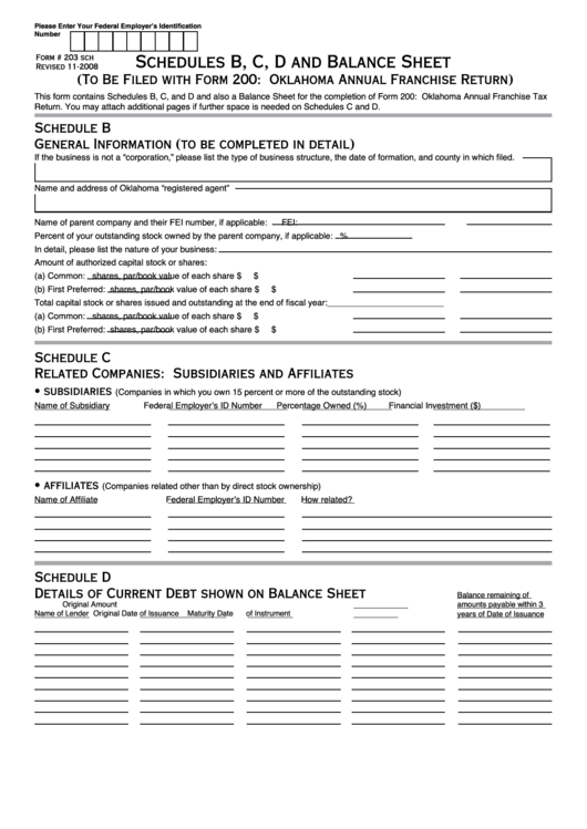 Fillable Form 203 Sch - Schedules B, C, D And Balance Sheet - Oklahoma Printable pdf