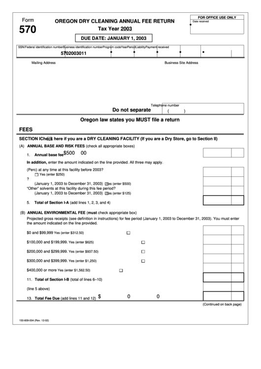 Form 570 Oregon Dry Cleaning Annual Fee Return 2003 Printable pdf