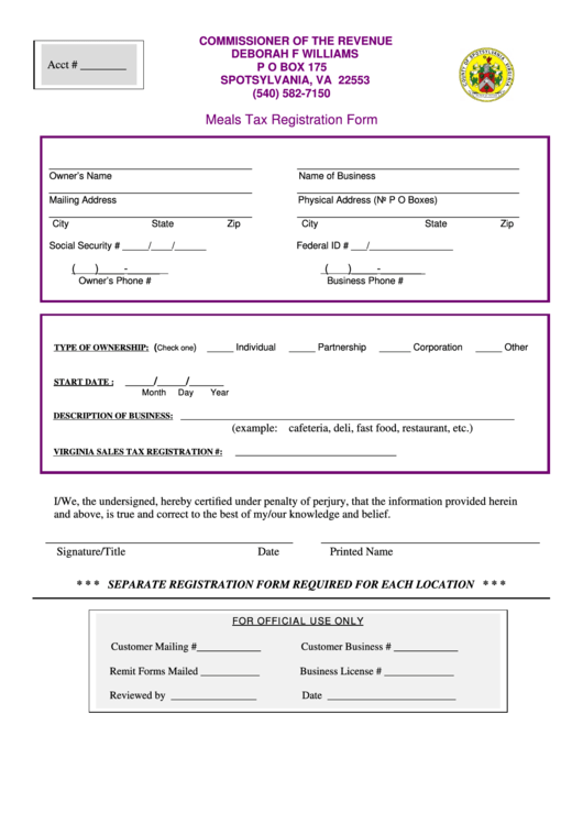 Meals Tax Registration Form - Spotsylvania Printable pdf