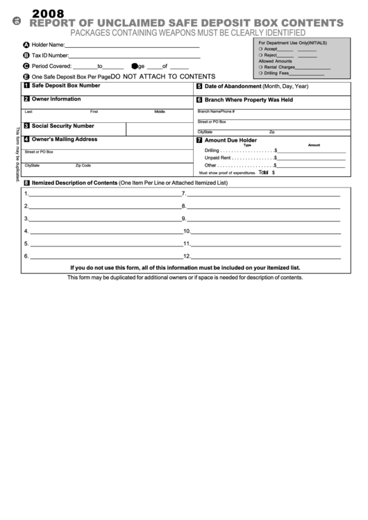 Report Of Unclaimed Safe Deposit Box Contents - 2008 Printable pdf