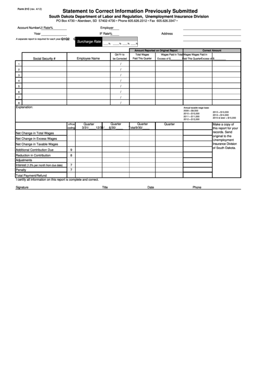 Form 21c - Statement To Correct Information Previously Submitted - 2012 Printable pdf