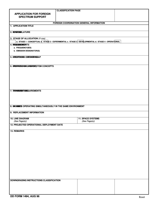 Fillable Dd Form 1494 Application For Foreign Spectrum Support Printable pdf