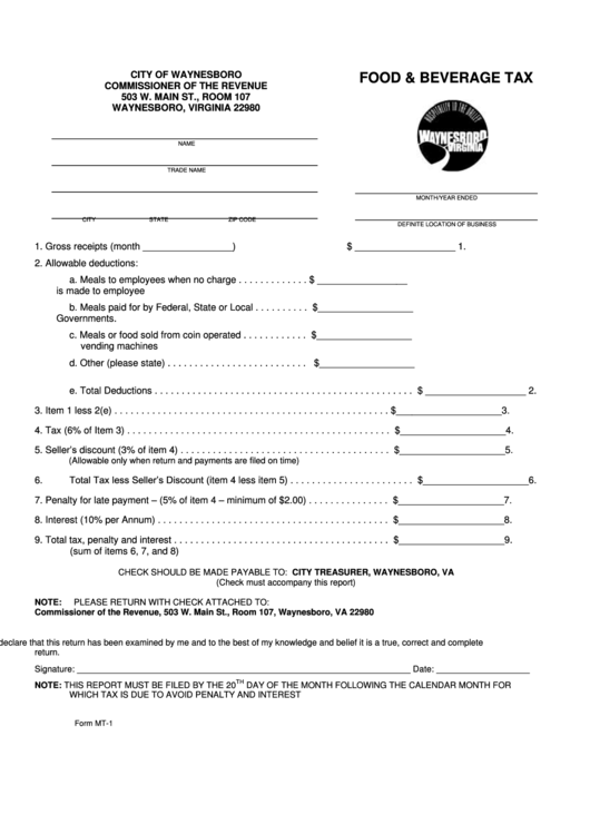 Form Mt-1 - Food & Beverage Tax Form - City Of Waynesboro Commissioner Of The Revenue Printable pdf