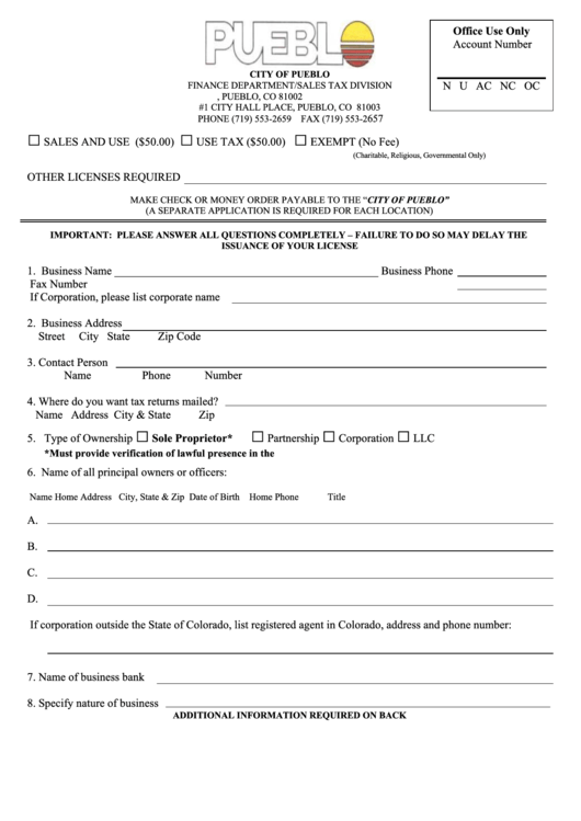 Finance Department/sales Tax Division Form - City Of Pueblo Printable pdf