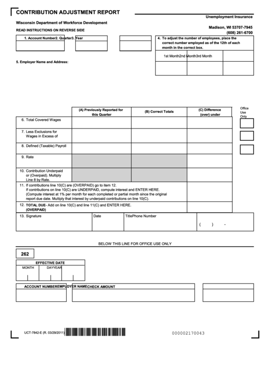 Form Uct-7842 - Contribution Adjustment Report - 2011 Printable pdf