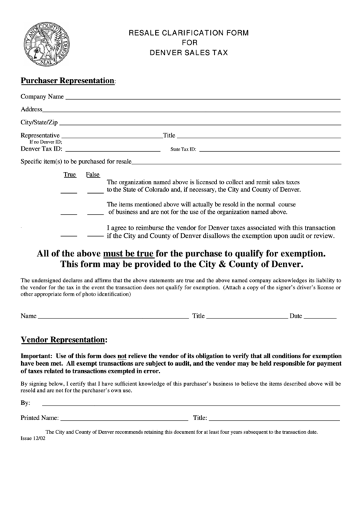 Resale Clarification Form For Denver Sales Tax Form Printable pdf