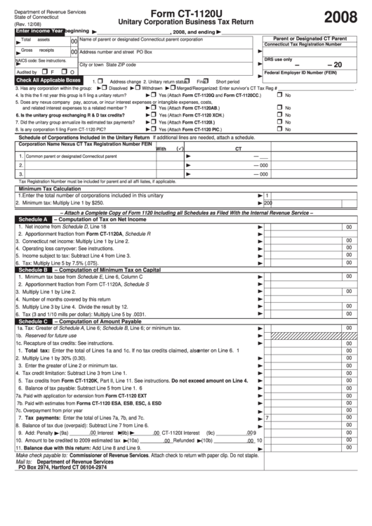 Form Ct-1120u - Unitary Corporation Business Tax Return - 2008 ...