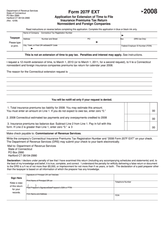 Form 207f Ext - Application For Extension Of Time To File Insurance Premiums Tax Return Nonresident And Foreign Companies - 2008 Printable pdf