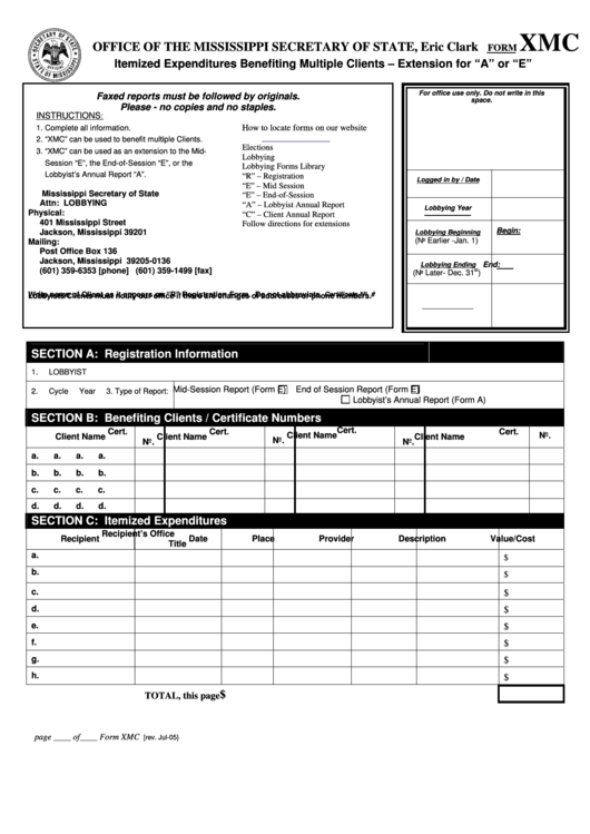 Form Xmc - Itemized Expenditures Benefiting Multiple Clients - Extension For "A" Or "E" - 2005 Printable pdf