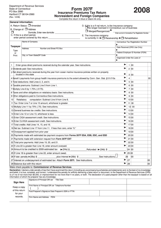 Form 207f - Insurance Premiums Tax Return Nonresident And Foreign Companies - 2008 Printable pdf