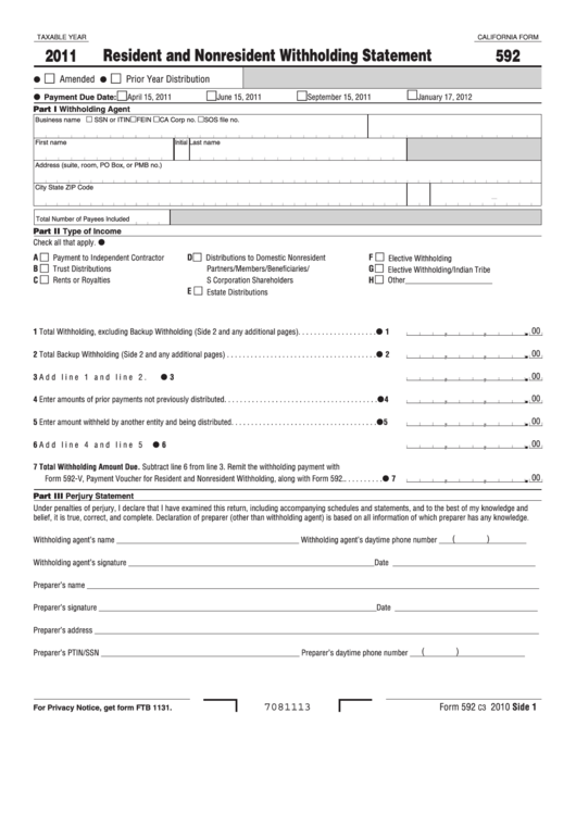 Fillable Form 592 - Resident And Nonresident Withholding Statement - 2011 Printable pdf