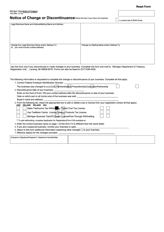 Fillable Form 163 - Notice Of Change Or Discontinuance Form - 2010 Printable pdf