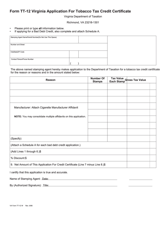 Form Tt-12 - Virginia Application For Tobacco Tax Credit Certificate - Virginia Department Of Taxation Printable pdf