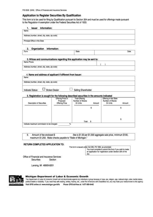 Form Fis 0530 Application To Register Securities By Qualification Printable pdf