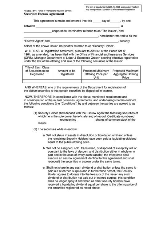 Form Fis 0539 Securities Escrow Agreement Printable pdf