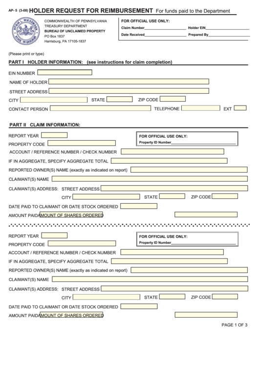Fillable Form Ap- 5 - Holder Request For Reimbursement Printable pdf