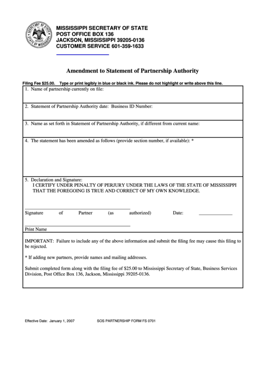 Form Fs 0701 - Amendment To Statement Of Partnership Authority Printable pdf