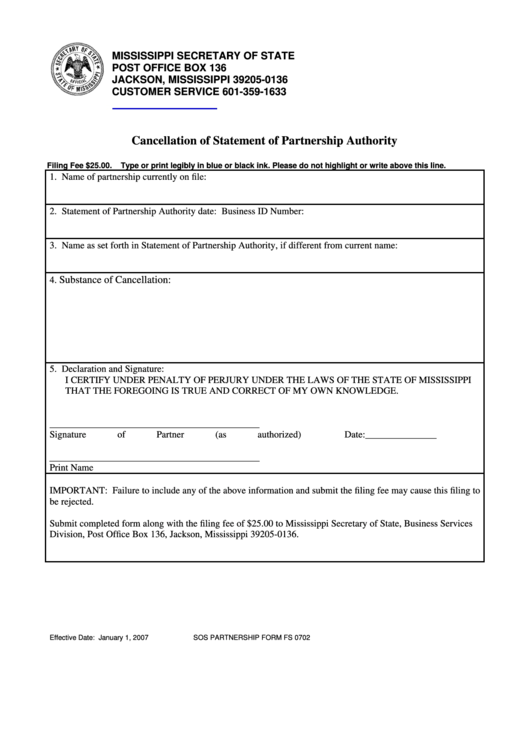 Form Fs 0702 - Cancellation Of Statement Of Partnership Authority Printable pdf