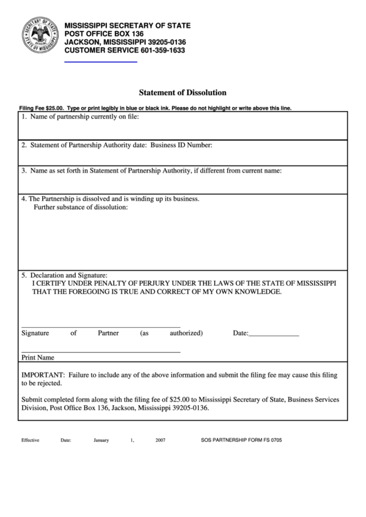 Fillable Form Fs 0705 - Statement Of Dissolution Printable pdf