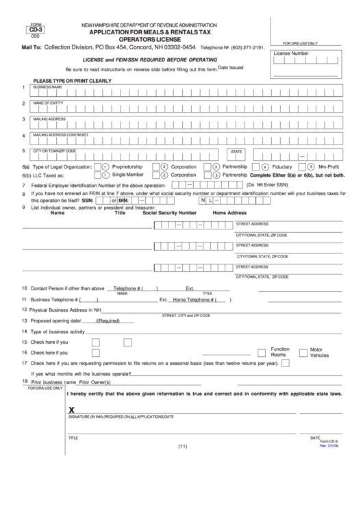 Form Cd-3 Application For Meals & Rentals Tax Operators License Printable pdf