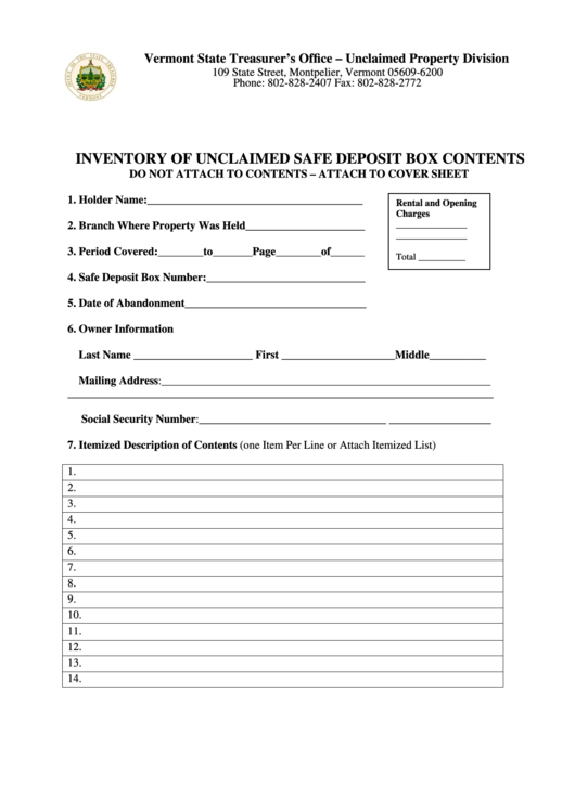 Inventory Of Unclaimed Safe Deposit Box Contents Form - Vermont State Treasurer