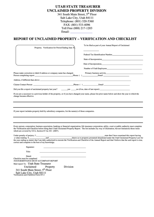 Form St-2 - Report Of Unclaimed Property - Verification And Checklist Printable pdf