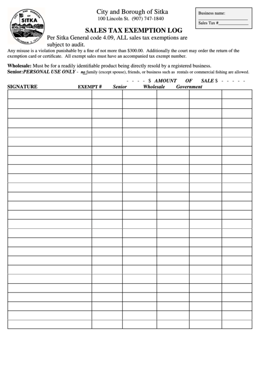 Sales Tax Exemption Log Template - City And Borough Of Sitka Printable pdf