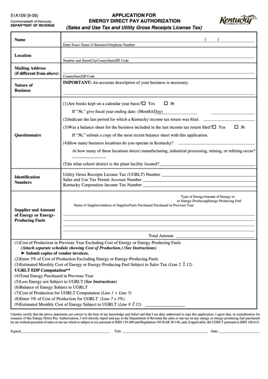 Form 51a109 - Application For Energy Direct Pay Authorization Printable pdf