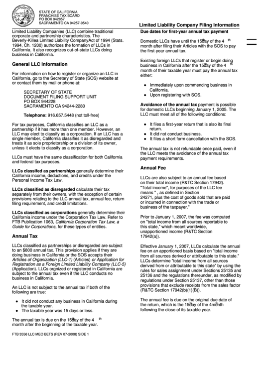 Form Ftb 3556 Llc Meo Bets Limited Liability Company Filing Information Printable pdf