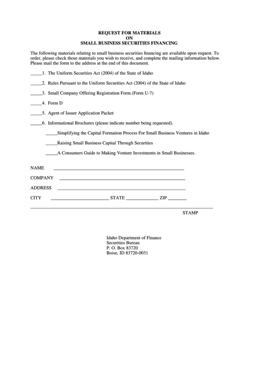 Request For Materials On Small Business Securities Financing Form Printable pdf