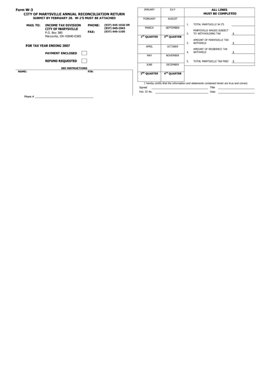 Form W-3 City Of Marysville Annual Reconciliation Return Printable pdf