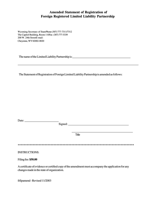 Fillable Amended Statement Of Registration Of Foreign Registered Limited Liability Partnership Form - 2003 Printable pdf
