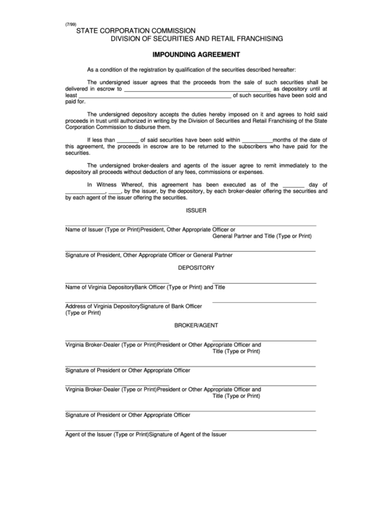 Impounding Agreement - Virginia State Corporation Commission Printable pdf