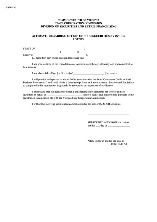 Affidavit Regarding Offers Of Scor Securities By Issuer Agents Form - Commonwealth Of Virginia Printable pdf